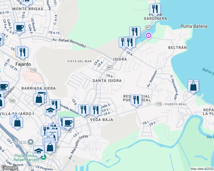 map of restaurants, bars, coffee shops, grocery stores, and more near in Fajardo