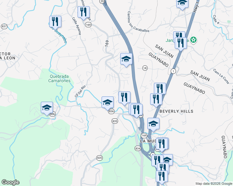 map of restaurants, bars, coffee shops, grocery stores, and more near Calle Kiros in Guaynabo