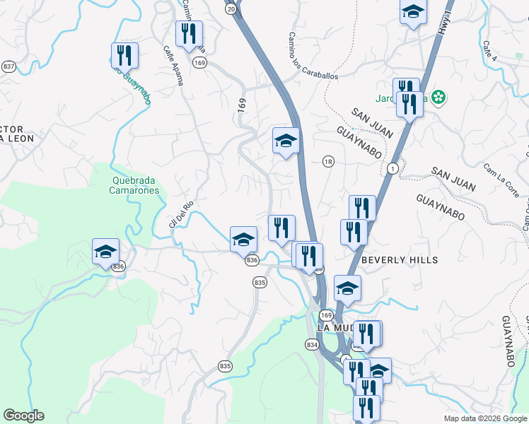 map of restaurants, bars, coffee shops, grocery stores, and more near Calle Kiros in Guaynabo