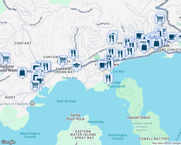 map of restaurants, bars, coffee shops, grocery stores, and more near Rue De Saint Barthelemy in Charlotte Amalie