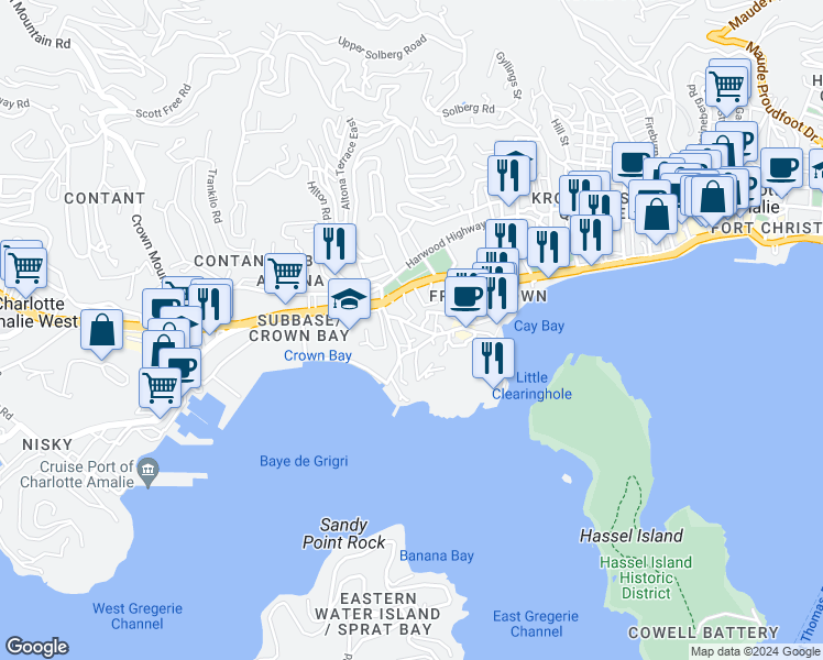 map of restaurants, bars, coffee shops, grocery stores, and more near Rue De Saint Barthelemy in Charlotte Amalie