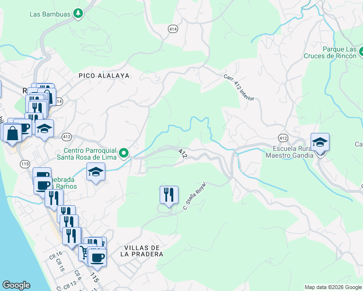 map of restaurants, bars, coffee shops, grocery stores, and more near Puerto Rico 412 in Rincón