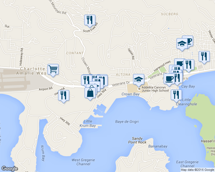map of restaurants, bars, coffee shops, grocery stores, and more near Highway 30 in Charlotte Amalie West
