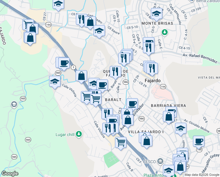 map of restaurants, bars, coffee shops, grocery stores, and more near 19-25 Calle Principal in Fajardo
