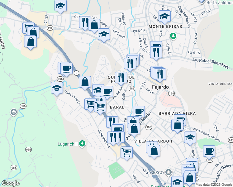 map of restaurants, bars, coffee shops, grocery stores, and more near 25 Avenida Baralt in Fajardo