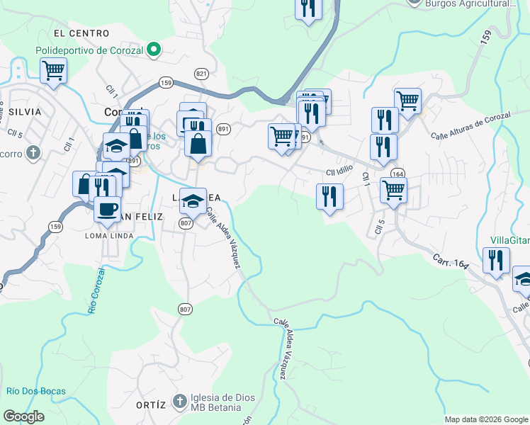 map of restaurants, bars, coffee shops, grocery stores, and more near Calle Los Ramos in Corozal
