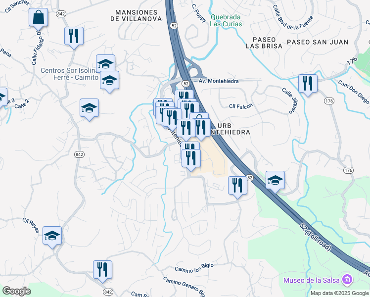 map of restaurants, bars, coffee shops, grocery stores, and more near Avenida Montehiedra in San Juan