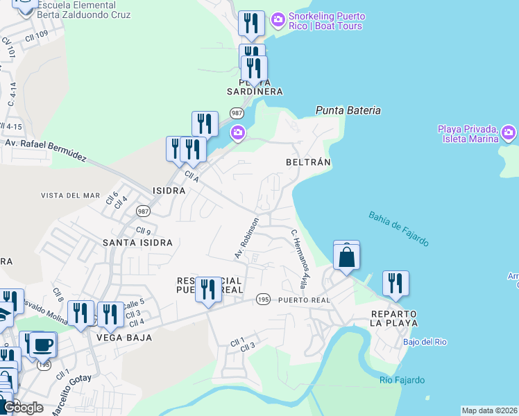 map of restaurants, bars, coffee shops, grocery stores, and more near in Fajardo