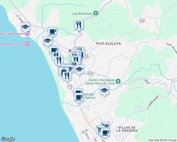map of restaurants, bars, coffee shops, grocery stores, and more near Highway 412 in Rincon