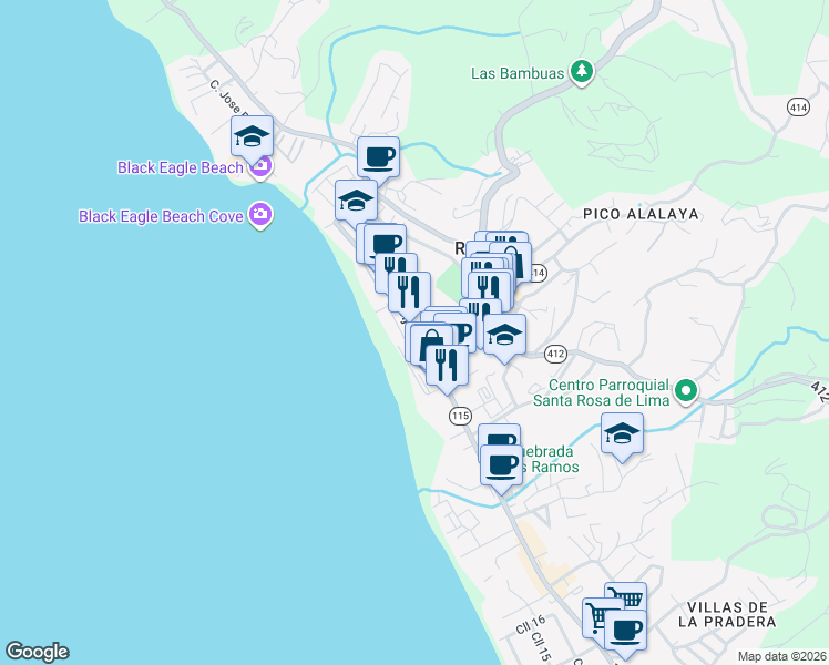 map of restaurants, bars, coffee shops, grocery stores, and more near Calle Cambija in Aguada