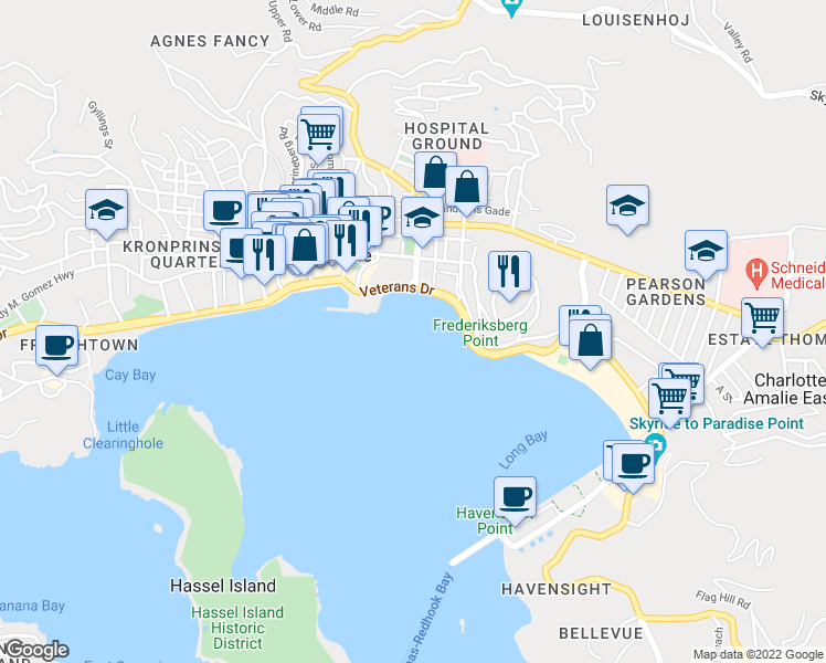 map of restaurants, bars, coffee shops, grocery stores, and more near Veterans Drive in Charlotte Amalie
