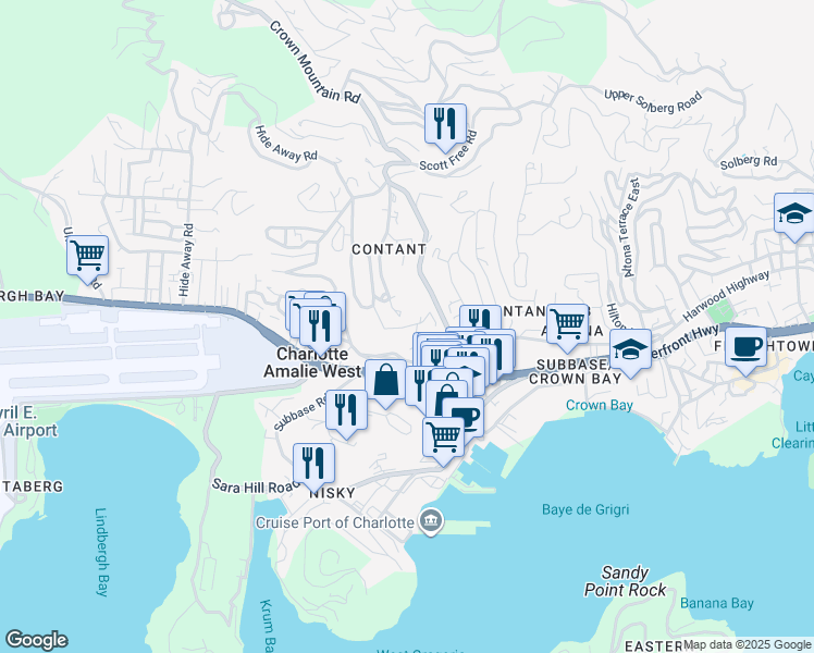 map of restaurants, bars, coffee shops, grocery stores, and more near Hwy 30 in Charlotte Amalie West