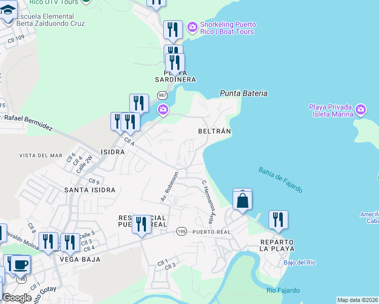 map of restaurants, bars, coffee shops, grocery stores, and more near East 5 in Fajardo