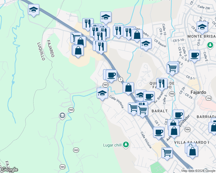map of restaurants, bars, coffee shops, grocery stores, and more near Highway 985 in Fajardo
