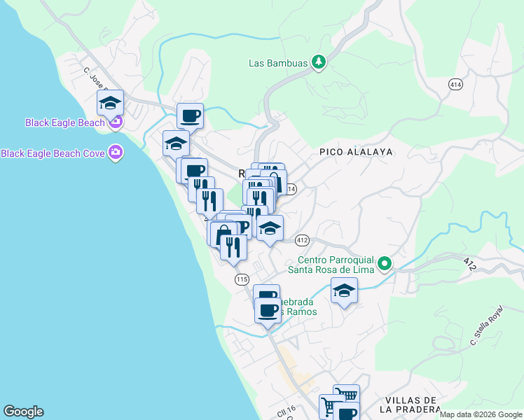 map of restaurants, bars, coffee shops, grocery stores, and more near Puerto Rico 115 in Aguada