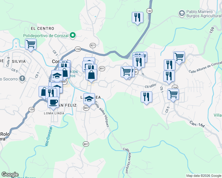 map of restaurants, bars, coffee shops, grocery stores, and more near Calle Los Ramos in Corozal