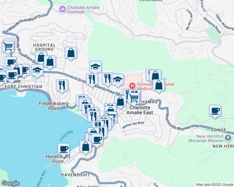map of restaurants, bars, coffee shops, grocery stores, and more near 8-9 Alton Adams Sr Drive in Charlotte Amalie