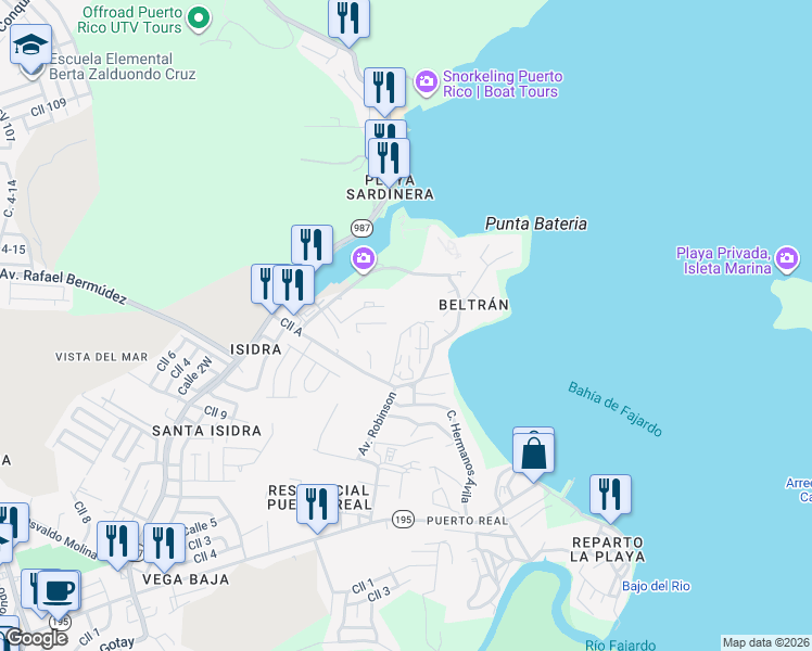 map of restaurants, bars, coffee shops, grocery stores, and more near East 5 in Fajardo