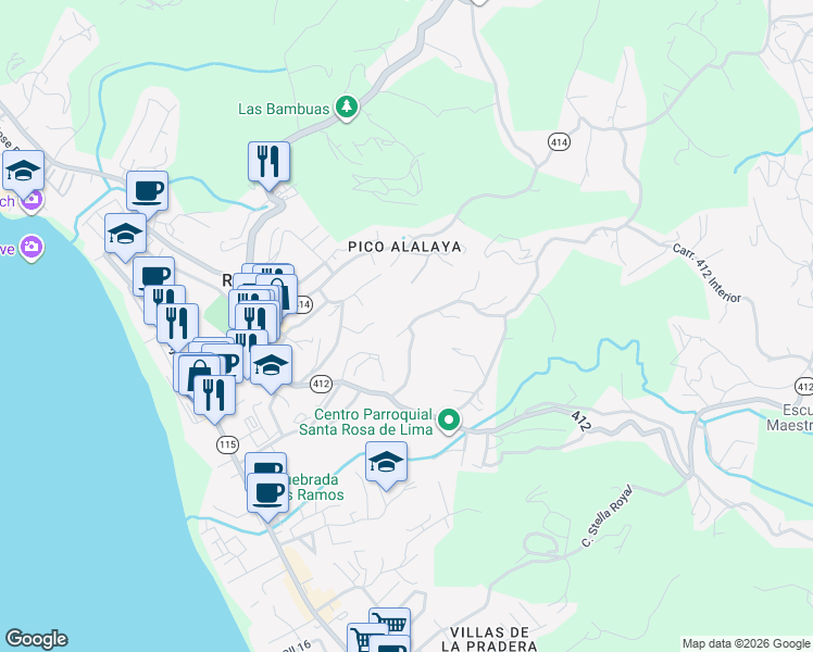 map of restaurants, bars, coffee shops, grocery stores, and more near Calle Kuta in Aguada