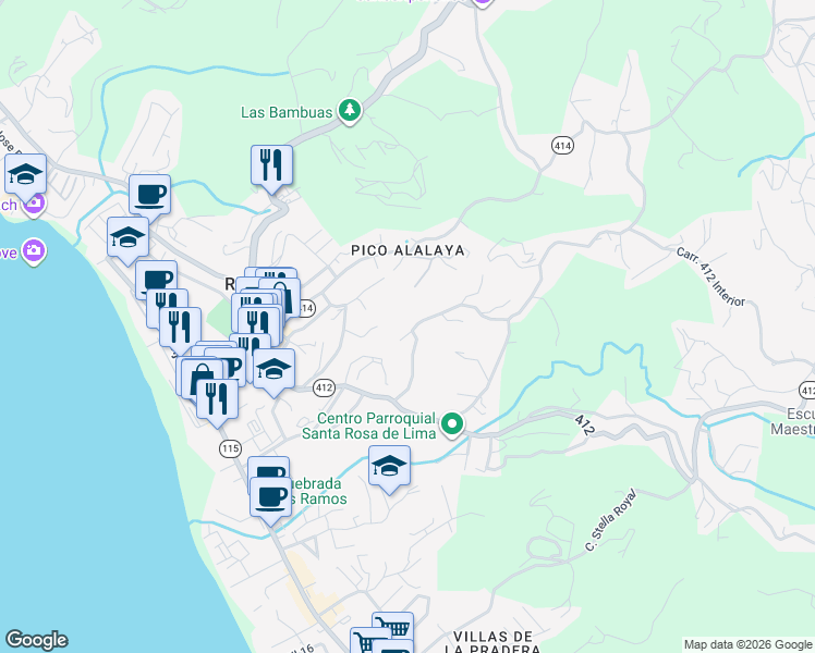 map of restaurants, bars, coffee shops, grocery stores, and more near Calle Kuta in Aguada