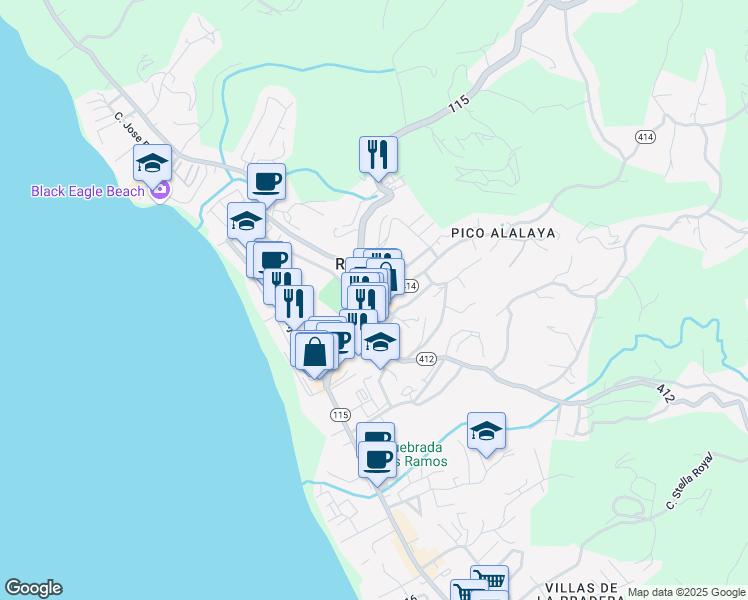 map of restaurants, bars, coffee shops, grocery stores, and more near 2 Calle Progreso in Aguadilla Pueblo