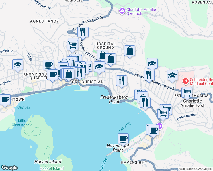 map of restaurants, bars, coffee shops, grocery stores, and more near 5500 Veterans Drive in Charlotte Amalie