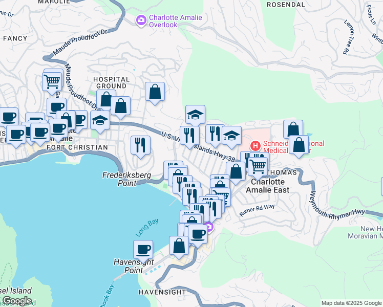 map of restaurants, bars, coffee shops, grocery stores, and more near 2nd Street in Charlotte Amalie