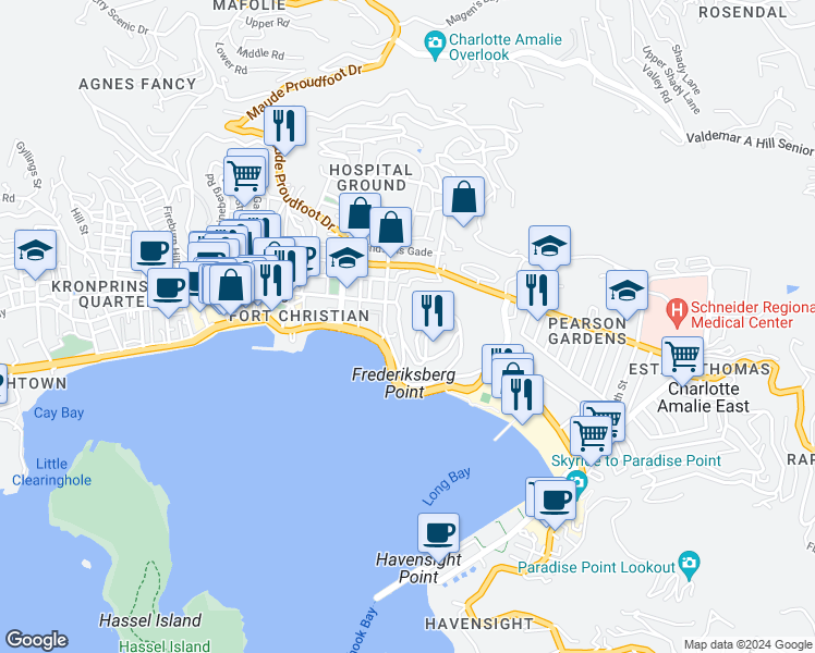 map of restaurants, bars, coffee shops, grocery stores, and more near 5500 Veterans Drive in Charlotte Amalie