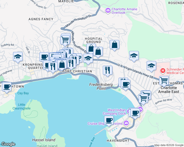 map of restaurants, bars, coffee shops, grocery stores, and more near Veterans Drive in Charlotte Amalie