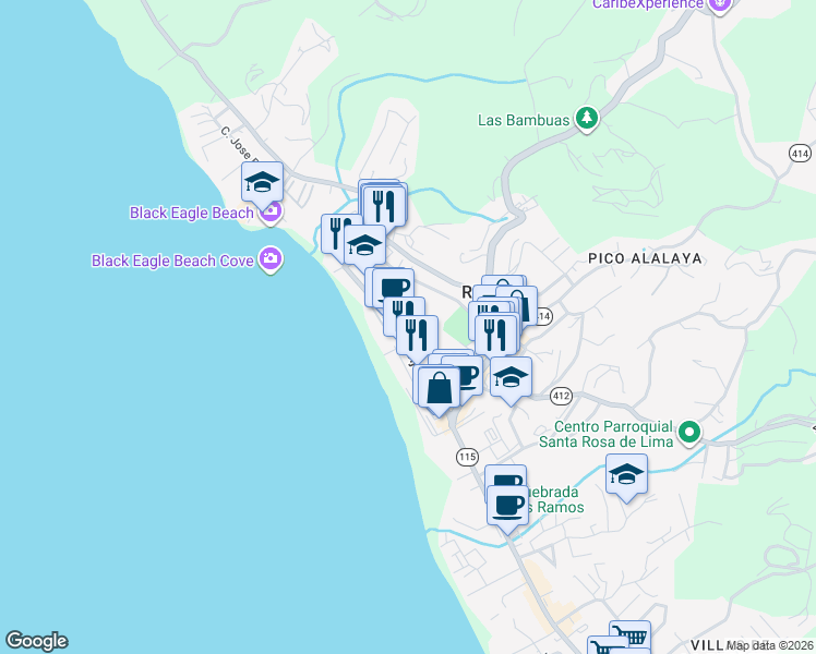 map of restaurants, bars, coffee shops, grocery stores, and more near in Rincón