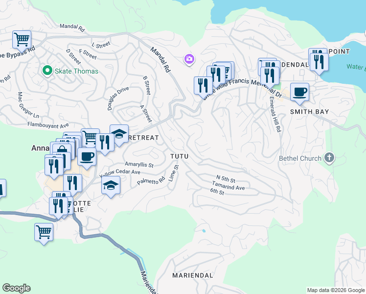map of restaurants, bars, coffee shops, grocery stores, and more near in Anna's Retreat