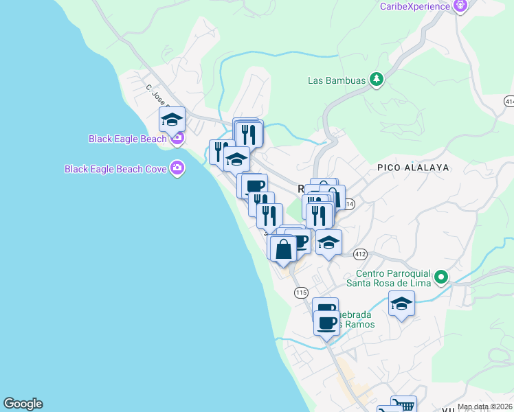 map of restaurants, bars, coffee shops, grocery stores, and more near in Rincón