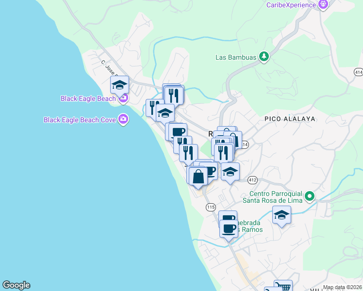 map of restaurants, bars, coffee shops, grocery stores, and more near in Rincón
