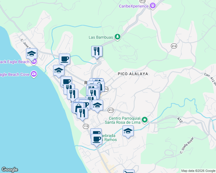 map of restaurants, bars, coffee shops, grocery stores, and more near 360 Calle Francisco Colón Guerra in Aguada