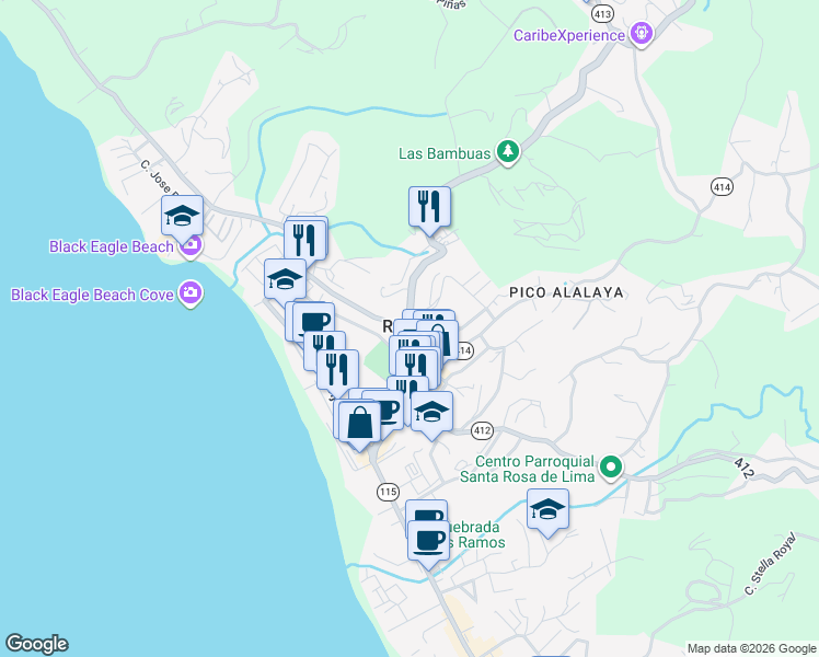 map of restaurants, bars, coffee shops, grocery stores, and more near Highway 413 in Aguada