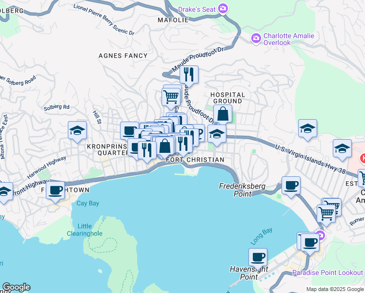 map of restaurants, bars, coffee shops, grocery stores, and more near in Charlotte Amalie
