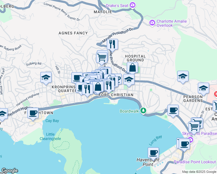 map of restaurants, bars, coffee shops, grocery stores, and more near  in Charlotte Amalie