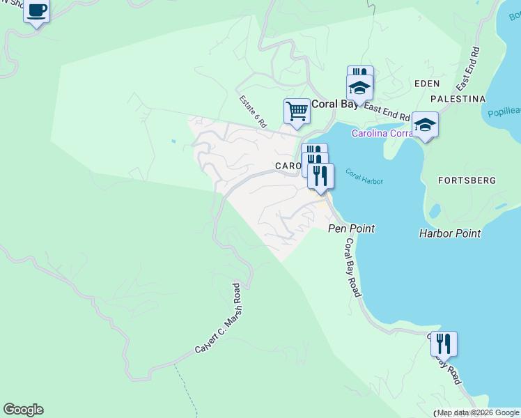 map of restaurants, bars, coffee shops, grocery stores, and more near 761 Clendinen Drive in Coral Bay
