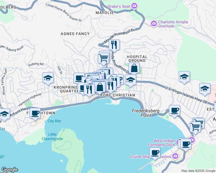 map of restaurants, bars, coffee shops, grocery stores, and more near in Charlotte Amalie