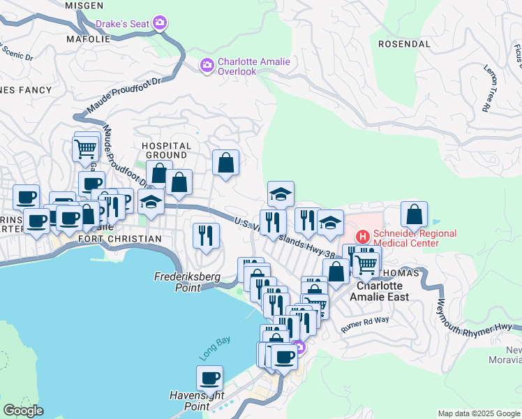 map of restaurants, bars, coffee shops, grocery stores, and more near 8-9 Alton Adams Sr Drive in Charlotte Amalie