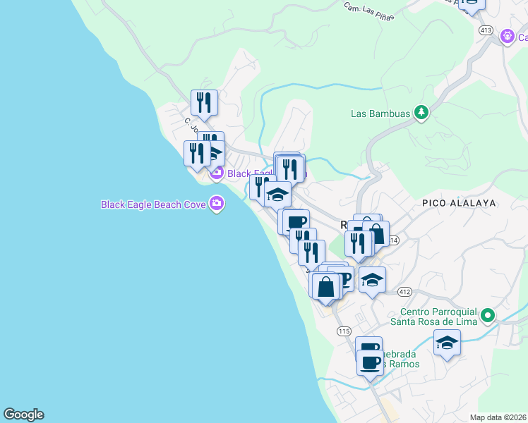 map of restaurants, bars, coffee shops, grocery stores, and more near 89 Calle Cambija in Rincón
