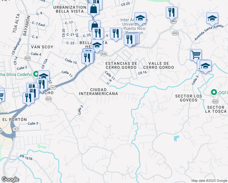map of restaurants, bars, coffee shops, grocery stores, and more near Calle Marlin in Bayamón