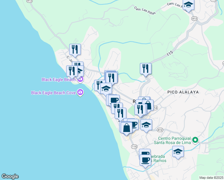 map of restaurants, bars, coffee shops, grocery stores, and more near in Rincon