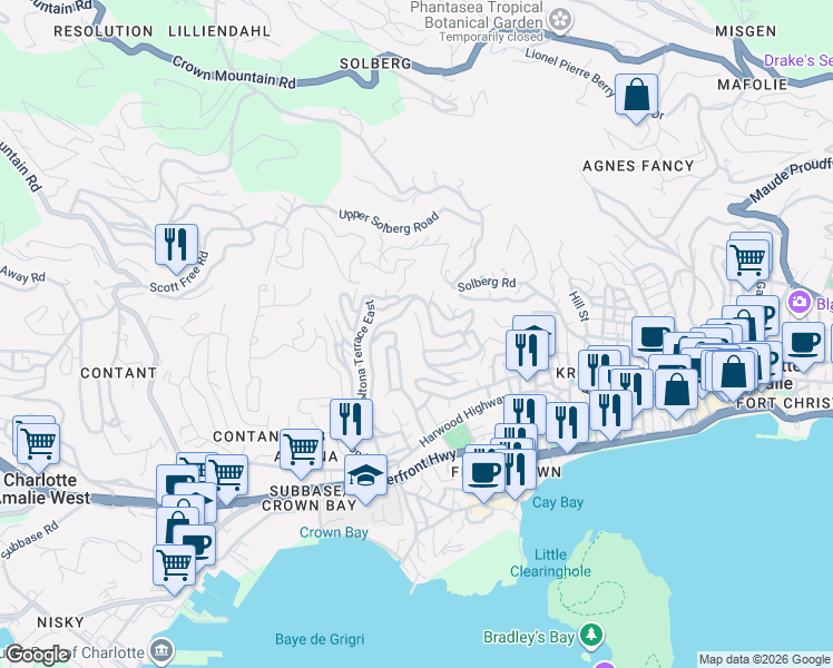 map of restaurants, bars, coffee shops, grocery stores, and more near in Charlotte Amalie