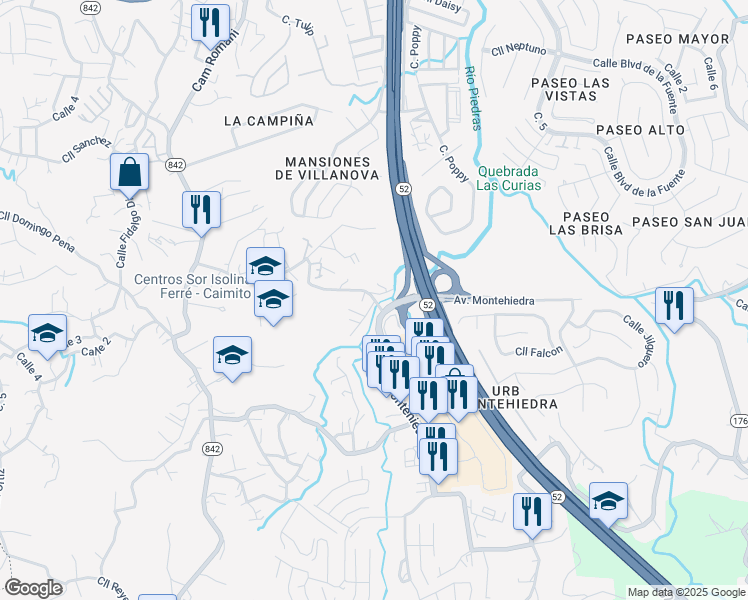 map of restaurants, bars, coffee shops, grocery stores, and more near Avenida Montehiedra in San Juan