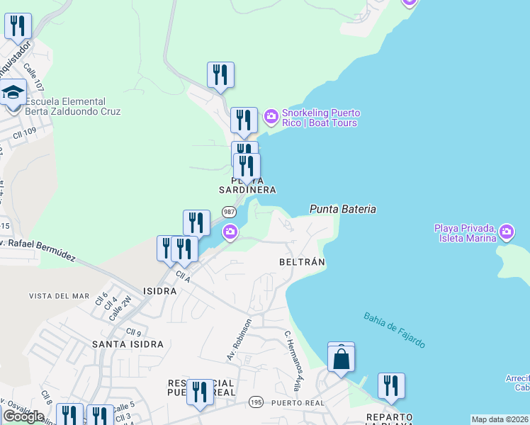 map of restaurants, bars, coffee shops, grocery stores, and more near Carretera Cabezas de San Juan in Fajardo