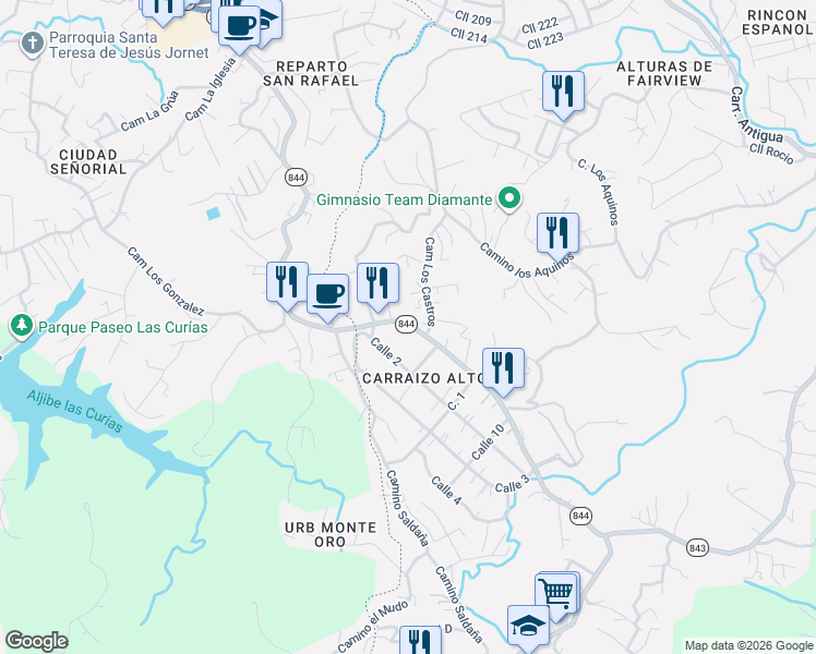 map of restaurants, bars, coffee shops, grocery stores, and more near Camino Los Castros in Trujillo Alto