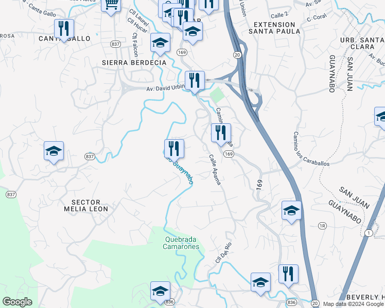 map of restaurants, bars, coffee shops, grocery stores, and more near Calle Anturio in Guaynabo