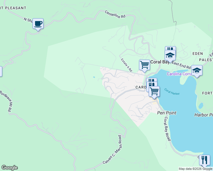 map of restaurants, bars, coffee shops, grocery stores, and more near Gerda Marsh Road in Coral Bay
