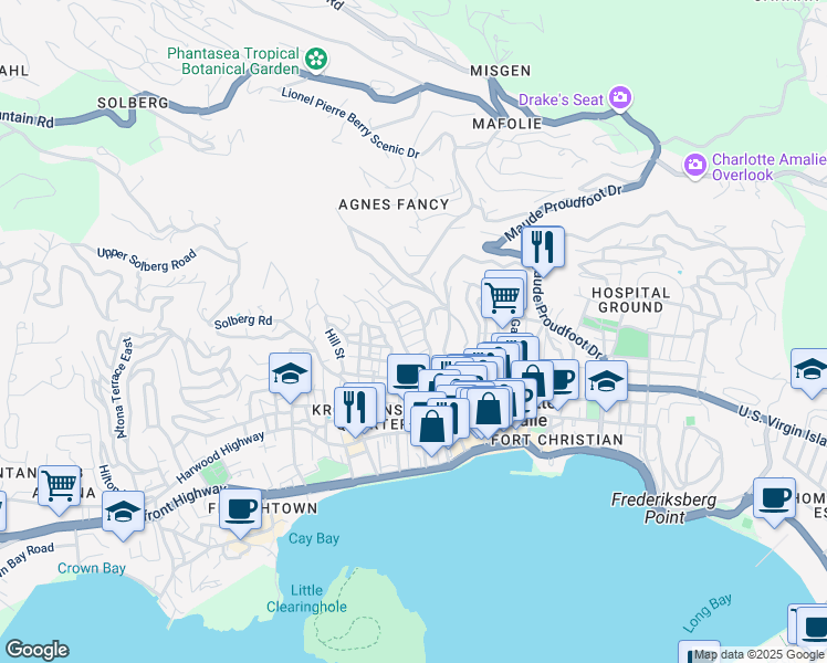map of restaurants, bars, coffee shops, grocery stores, and more near Tamerind Gade in Charlotte Amalie
